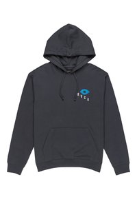 Hooded sweatshirt made of dark gray fabric. Features a front pocket, blue logo design on the chest, and ribbed cuffs and hem.