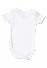 White short-sleeve bodysuit made from soft cotton fabric. Features a round neckline and snap closures at the bottom for easy dressing.