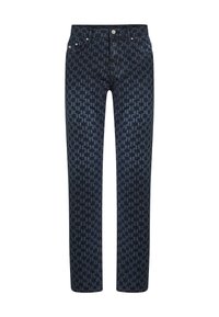 Tumed sinine teksapüksid, millel on houndstooth muster, sirge lõige, viis taskut ja metallist detailid. Kangas on sileda tekstuuriga.