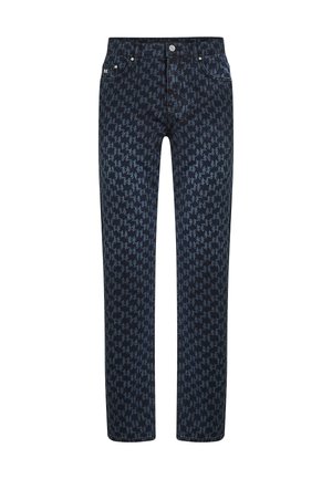 Dark blue denim jeans featuring a houndstooth pattern, straight cut, five pockets, and metal hardware. The fabric has a smooth texture.