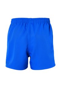 Heldere blauwe zwembroek gemaakt van glad synthetisch materiaal, met een elastische tailleband voor comfort. Geen zakken of versieringen zichtbaar.