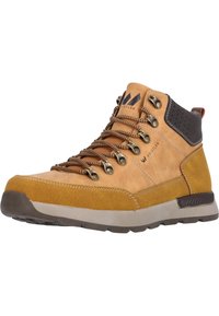 Tan hiking boot with a mix of smooth and textured leather, metal eyelets, and brown accents. Features a durable rubber sole and lacing system.