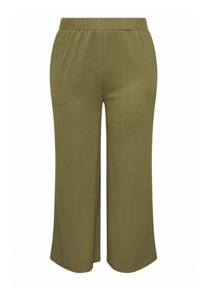 Olivgrüne, weit geschnittene Strickhose mit elastischem Bund, verkürzter Länge und weichem, strukturiertem Stoff.