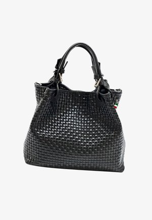 Black woven leather handbag with structured shape, dual handles, and silver hardware. Features a small Italian flag accent.
