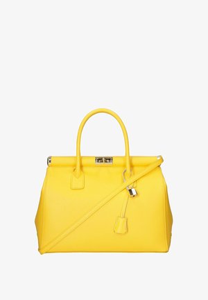 Żółta skórzana torba na ramię z dwoma górnymi uchwytami, odczepianym paskiem na ramię i srebrnym detalem z klamrą. Gładka faktura z wyrafinowanym designem.