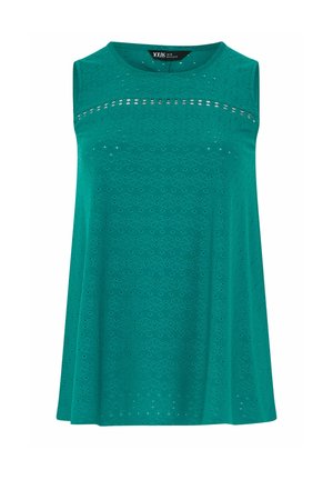 Ärmelloses, türkisfarbenes Top mit floralem Lochmuster und horizontalem Ausschnittdetail über der Brust, Rundhalsausschnitt, lockere Passform.