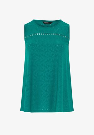 Hihaton petrolinsininen toppi, jossa on kukallinen openwork-kuvio ja vaakasuora leikkaus rinnan kohdalta, pyöreä pääntie, väljä istuvuus.