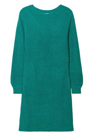 Abito lavorato a maglia turchese con scollatura rotonda, maniche lunghe e polsini a coste. Il tessuto presenta un motivo testurizzato in tutto l'abito.