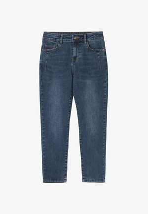 Temno modri jeans s ravnim krojem, petimi žepi, gumbom za zapiranje in subtilnimi obrabljenimi detajli.