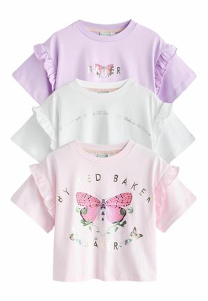 Three short-sleeve t-shirts featuring ruffled sleeves, in lavender, white, and pink. The pink shirt has a butterfly print and metallic text.