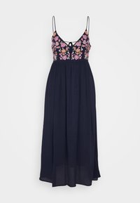 Langes dunkelblaues Kleid mit dünnen Trägern, floralem Stickerei in Pink und Gelb am Oberteil und einem fließenden Rock mit geraffter Taille.