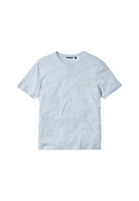Maglietta di cotone azzurro chiaro con colletto girocollo, maniche corte e un piccolo logo sul petto. Texture liscia e design casual.
