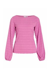 Rosa langermet topp med strukturert ribbestrikk, bred halslinning og rynkede mansjetter. Glatt stoff med tettsittende passform og volangkant.