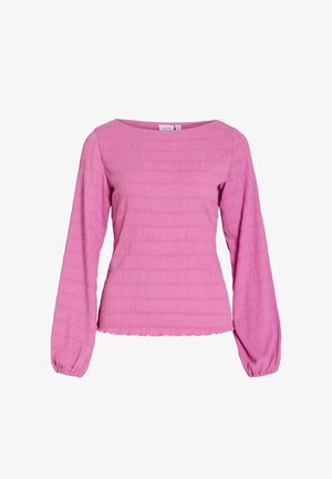 Pink long-sleeve top with textured ribbed design, wide neckline, and gathered cuffs. Smooth fabric with a fitted body and ruffled hem.