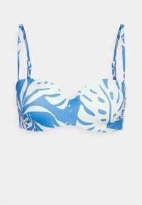 Top de bikini com estampa floral azul e branca, com alças ajustáveis, copas moldadas e uma textura suave. Apresenta um fecho de gancho nas costas.