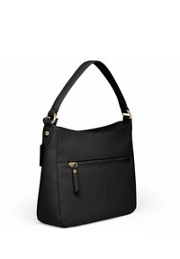 Bolso de hombro de cuero negro con un acabado texturizado, que presenta un bolsillo con cremallera y acentos en tono dorado. Correa ajustable incluida.