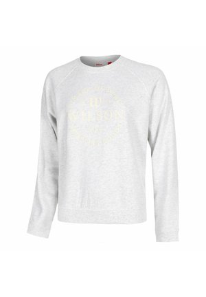Hellgrauer Sweatshirt mit Rundhalsausschnitt und langen Ärmeln, mit "Wilson" und einem kreisförmigen Textlogo in blassem Gelb auf der Brust.