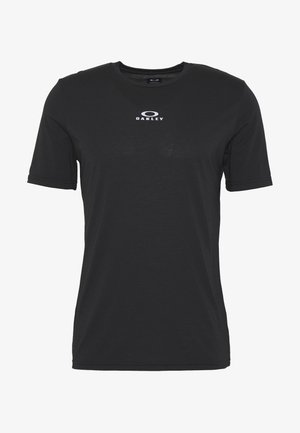 Schwarzes Baumwoll-T-Shirt mit Rundhalsausschnitt, kurzen Ärmeln und einem weißen "Oakley"-Logo auf der Vorderseite. Glatte Textur, normale Passform.