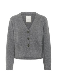 Gray knitted cardigan with a V-neck, four buttons, and two front pockets. Features ribbed cuffs and hem, crafted from soft material.