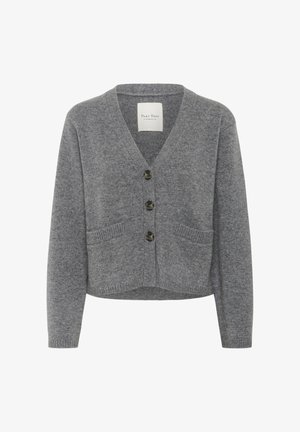 Pilka megzta megztinė su V formos iškirpte, keturiais mygtukais ir dviem priekinių kišenėlių. Yra žakardinės apykaklės ir apačios, pagaminta iš minkštos medžiagos.