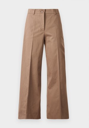 Pantalons larges marron en tissu lisse, dotés d'une fermeture à bouton à l'avant, de deux poches avant et de lignes nettes et ajustées.