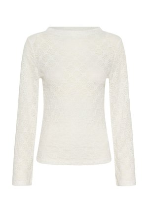 Long-sleeved white top made of lace with a floral pattern, featuring a round neckline and a fitted shape. Soft texture and sheer design.