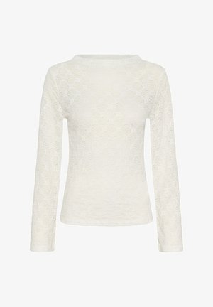 Langärmliges weißes Oberteil aus Spitze mit floralem Muster, rundem Ausschnitt und taillierter Form. Weicher Stoff und transparenter Schnitt.