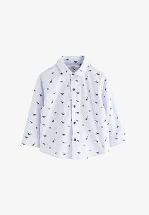 Biała koszula z długim rękawem z wzorem w dinozaury w odcieniach zieleni, brązu i niebieskiego, z klasycznym kołnierzykiem i zapięciem na guziki.