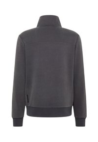 Šedá mikina s vysokým golierom, rebrovanými manžetami a spodným lemom. Hladká textúra, jednoduchý dizajn, s lemom na chrbte a detailom loga.