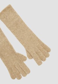 Beige gestrickte Handschuhe aus weichem Material mit einem gerippten Design, fünf Fingernabdeckung und einer glatten Textur.