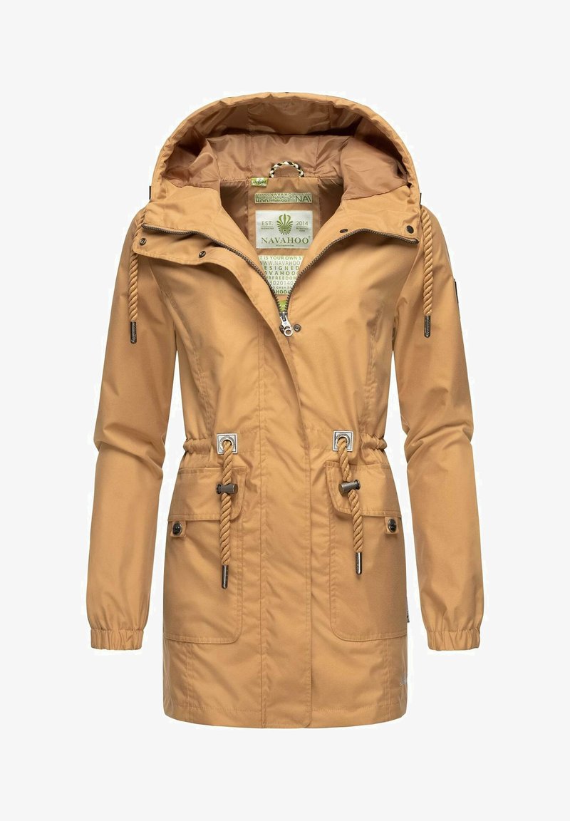 Light brown waterproof jacket with adjustable hood, drawstring waist, and silver hardware. Features front pockets and a smooth texture.