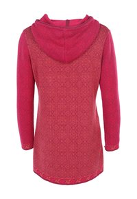 Roter Kapuzenpullover mit langen Ärmeln und geometrischem Muster, aus strukturiertem Stoff mit kontrastierendem Saum und Ärmelabschlüssen.