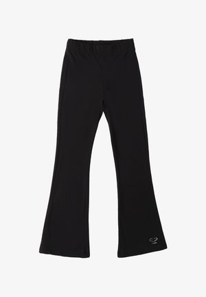 Pantalones acampanados negros hechos de una tela elástica. Presentan una cinturilla elástica y un discreto detalle del logotipo cerca del dobladillo. Textura suave.