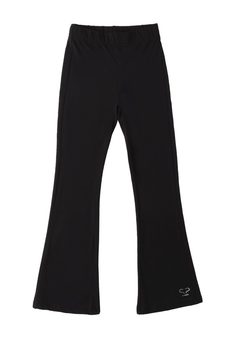 Zwarte flared broek gemaakt van rekbaar materiaal. Voorzien van een elastische tailleband en een subtiele logo-detail bij de zoom. Glad textuur.
