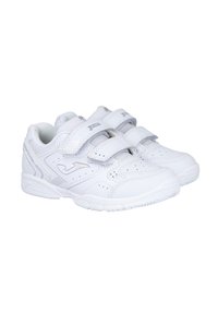 Zapatillas deportivas blancas con dos tiras de Velcro, textura perforada en la parte superior y una suela de goma blanca sólida. Logotipo de la marca visible en las tiras.