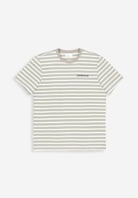 Kurzarm-T-Shirt in Hellgrau mit weißen horizontalen Streifen. Verfügt über einen Rundhalsausschnitt und ein kleines Druckdetail auf der Brust. Weicher Stoff.