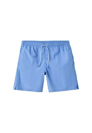 Svijetlo plave muške kupaće hlače s elastičnim pojasom, bijelim vezicama i bočnim džepovima na bijeloj pozadini.