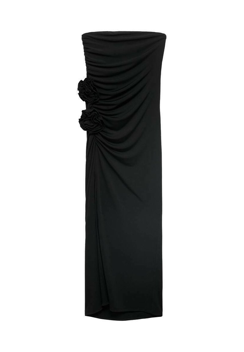 Robe midi noire sans bretelles en tissu doux, présentant une texture froncée et deux détails floraux sur le côté.