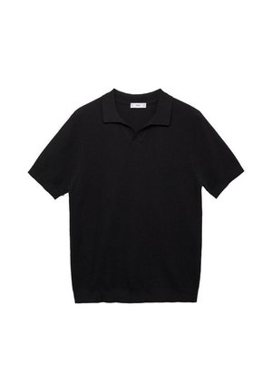 Polo shirt nero a maniche corte realizzato in un tessuto lavorato a maglia, con colletto a V e orlo a coste. Design semplice senza ulteriori motivi o dettagli.