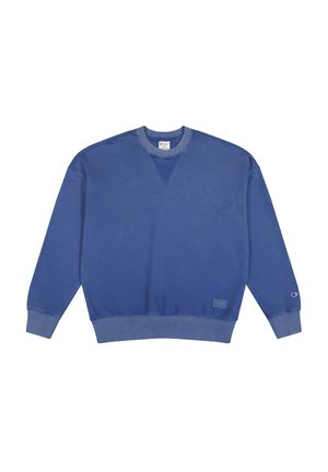 Blue sweatshirt with a crew neck, long sleeves, ribbed cuffs and hem. Features a V-shaped seam detail on the front and a logo patch.
