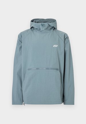 Light blue half-zip jacket with a hood, featuring raglan sleeves, a front zip pocket, and a logo on the chest. Smooth texture, wind-resistant.