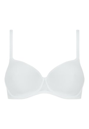 Witte onderwire beha met gladde, gevormde cups en verstelbare bandjes. Kenmerkt zich door een naadloos ontwerp en een subtiele glanzende textuur.