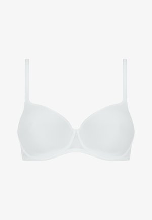 Witte onderwire beha met gladde, gevormde cups en verstelbare bandjes. Kenmerkt zich door een naadloos ontwerp en een subtiele glanzende textuur.