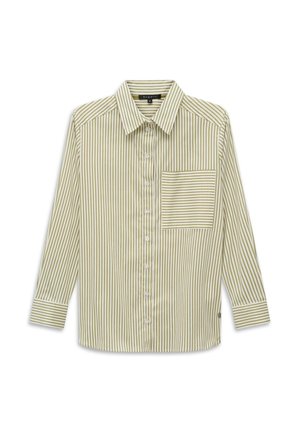 Long-sleeve button-up shirt with vertical beige and white stripes and a chest pocket featuring horizontal stripes.