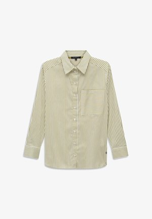 Langärmliges Hemd mit Knopfleiste, vertikalen beige-weißen Streifen und einer Brusttasche mit horizontalen Streifen.