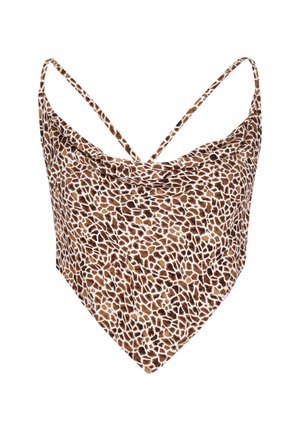 Braun-weiß gemustertes, bauchfreies Camisole-Top mit dünnen Schulterriemen und spitz zulaufendem Saum.