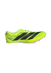 Chaussure de course à pointes Adidas Adizero jaune-vert vif avec des rayures noires et des pointes métalliques sur la semelle, conçue pour la course sur piste.