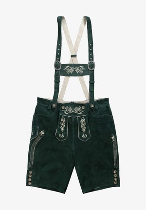 Grüne Lederhosen mit verstellbaren Trägern, ausgestattet mit weißen Stickereien, dekorativen Knöpfen und Fronttaschen mit kunstvollen Details.