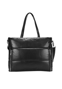 Bolso tote de cuero negro con diseño acolchado, asas dobles y correa de hombro desmontable. Cuenta con cremalleras a ambos lados.