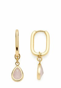 Orecchini a cerchio in oro con pendente a forma di goccia con una pietra rosa chiaro, finitura lucida e chiusura a scatto sicura.